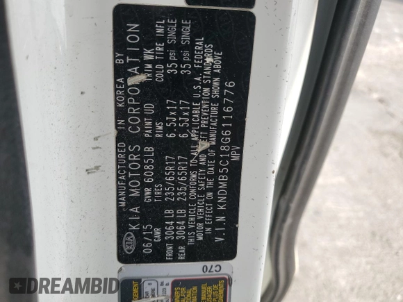 2016 Kia Sedona LX with VIN KNDMB5C18G6116776, listed as a Copart auction lot 53887895 with 87,235 mi miles and Salvage Title. Bid and sale history available at carsss.com. Image 13.