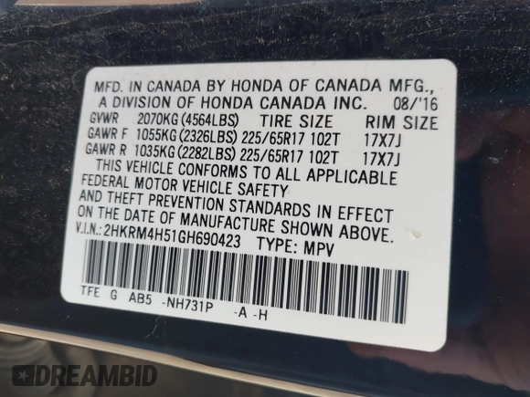 2016 Honda CR-V EX with VIN 2HKRM4H51GH690423, listed as a IAAI auction lot 42118968 with 224,902 mi miles and . Bid and sale history available at DreamBid. Image 9.