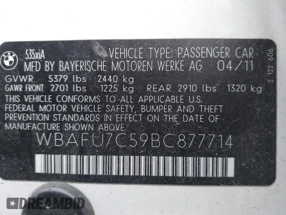 2011 BMW 5 Series 535i xDrive with VIN WBAFU7C59BC877714, listed as a IAAI auction lot 41491893 with 107,373 mi miles. Bid and sale history available at carsss.com. Image 9.