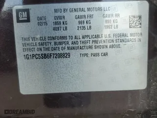 2015 Chevrolet Cruze LT with VIN 1G1PC5SB6F7208829, listed as a Copart auction lot 53242105 with 120,160 mi miles and Salvage Title. Bid and sale history available at carsss.com. Image 13.