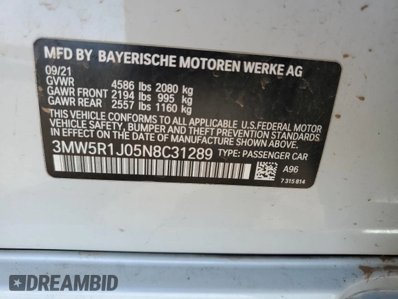 2022 BMW 3 Series 330i with VIN 3MW5R1J05N8C31289, listed as a Copart auction lot 52335505 with Not provided miles and Salvage title. Bid and sale history available at DreamBid. Image 12.