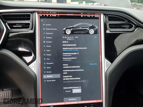 2018 Tesla Model S 75D with VIN 5YJSA1E22JF234262, listed as a Copart auction lot 57954755 with 62,375 mi miles and Salvage title. Bid and sale history available at DreamBid. Image 9.