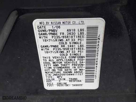 2006 Nissan Murano SL with VIN JN8AZ08T06W411157, listed as a IAAI auction lot 41957424 with 121,902 mi miles. Bid and sale history available at carsss.com. Image 9.