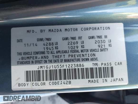 2015 Mazda Mazda6 i Sport with VIN JM1GJ1U55F1223886, listed as a IAAI auction lot 41980464 with 120,146 mi miles. Bid and sale history available at carsss.com. Image 9.