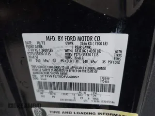 2013 Ford F-150 XL with VIN 1FTFW1ET5DFA49957, listed as a IAAI auction lot 41734397 with 265,121 mi miles. Bid and sale history available at carsss.com. Image 9.
