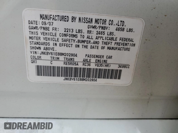 2008 Infiniti G35 with VIN JNKBV61E88M202904, listed as a Copart auction lot 72612534 with 179,386 mi miles and Salvage Title. Bid and sale history available at DreamBid. Image 13.