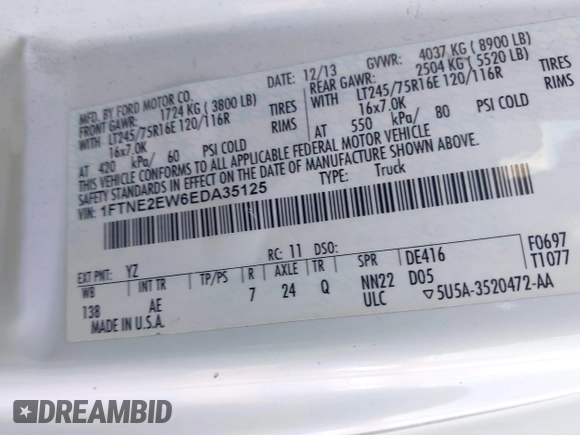 2014 Ford Econoline Cargo Commercial with VIN 1FTNE2EW6EDA35125, listed as a IAAI auction lot 41837491 with 207,713 mi miles and . Bid and sale history available at DreamBid. Image 9.