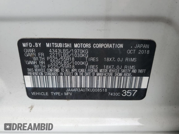 2019 Mitsubishi Outlander ES z VIN JA4AR3AU7KU008518, wystawiony jako Copart lot #58815065 z przebiegiem 82 996 mil mil oraz Czysty tytuł • Clean title. Historia ofert i sprzedaży dostępna na DreamBid. Obrazek 13.