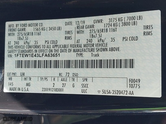 2020 Ford F-150 XL with VIN 1FTEW1E43LFA63651, listed as a IAAI auction lot 41900763 with 94,375 mi miles. Bid and sale history available at carsss.com. Image 9.