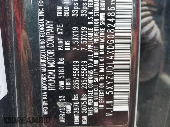 2013 Hyundai Santa Fe Sport z VIN 5XYZUDLAXDG082486, wystawiony jako Copart lot #68941974 z przebiegiem Nie podano mil oraz Szkoda całkowita • Salvage title. Historia ofert i sprzedaży dostępna na DreamBid. Obrazek 13.