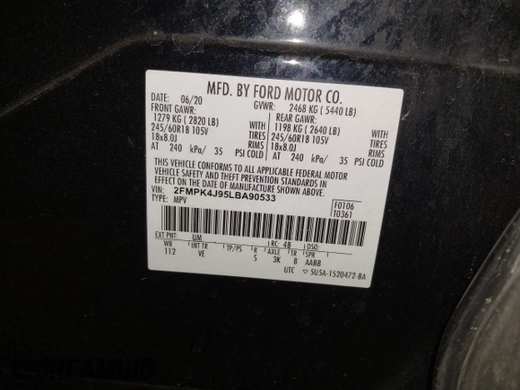 2020 Ford Edge SEL z VIN 2FMPK4J95LBA90533, wystawiony jako IAAI lot #42151916 z przebiegiem 57 197 mil mil oraz . Historia ofert i sprzedaży dostępna na DreamBid. Obrazek 9.