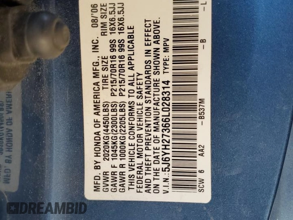 2006 Honda Element with VIN 5J6YH27366L028314, listed as a Copart auction lot 82013204 with 205,163 mi miles and Salvage Title. Bid and sale history available at DreamBid. Image 13.