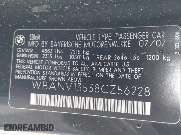 2008 BMW 5 Series 528xi with VIN WBANV13538CZ56228, listed as a IAAI auction lot 41842631 with 92,806 mi miles. Bid and sale history available at carsss.com. Image 9.