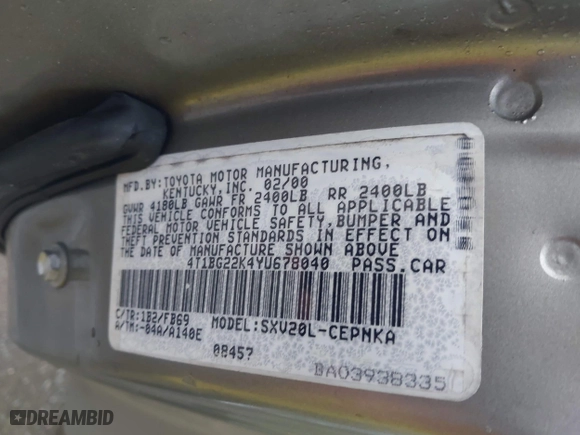 2000 Toyota Camry CE with VIN 4T1BG22K4YU678040, listed as a IAAI auction lot 42012146 with 112,714 mi miles. Bid and sale history available at carsss.com. Image 9.