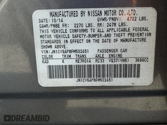 2015 Infiniti Q40 with VIN JN1CV6AP8FM502451, listed as a Copart auction lot 78203124 with 140,356 mi miles and Salvage Title. Bid and sale history available at carsss.com. Image 12.