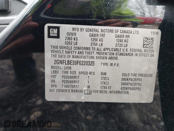 2015 Chevrolet Equinox LT with VIN 2GNFLBE39F6220325, listed as a IAAI auction lot 41922372 with 212,539 mi miles and . Bid and sale history available at DreamBid. Image 9.