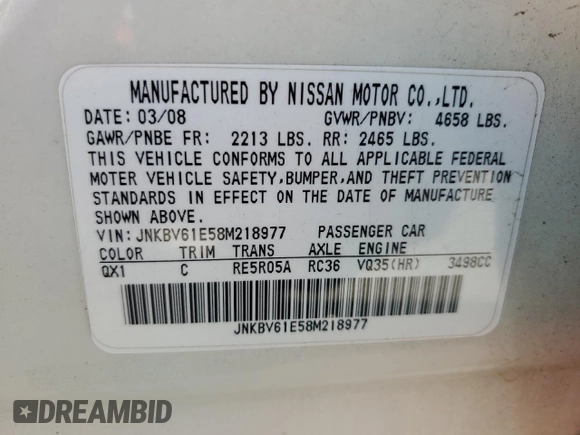 2008 Infiniti G35 Journey with VIN JNKBV61E58M218977, listed as a Copart auction lot 49639525 with Not Provided miles and Salvage Title. Bid and sale history available at DreamBid. Image 14.