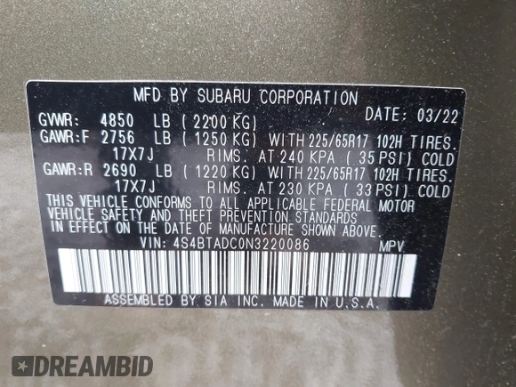 2022 Subaru Outback Premium with VIN 4S4BTADC0N3220086, listed as a IAAI auction lot 42571538 with 30,889 mi miles and . Bid and sale history available at DreamBid. Image 9.