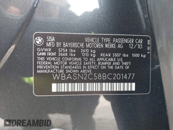 2011 BMW 5 Series 535i Gran Turismo with VIN WBASN2C58BC201477, listed as a IAAI auction lot 41762784 with 168,285 mi miles and . Bid and sale history available at carsss.com. Image 9.