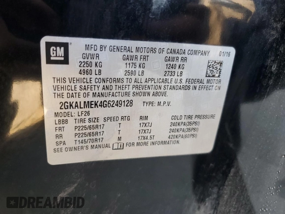 2016 GMC Terrain SLE with VIN 2GKALMEK4G6249128, listed as a Copart auction lot 42260775 with 115,159 mi miles and Salvage Title. Bid and sale history available at DreamBid. Image 16.