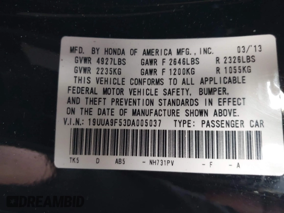 2013 Acura TL Technology z VIN 19UUA9F53DA005037, wystawiony jako IAAI lot #41799338 z przebiegiem 152 271 mil mil oraz . Historia ofert i sprzedaży dostępna na DreamBid. Obrazek 9.