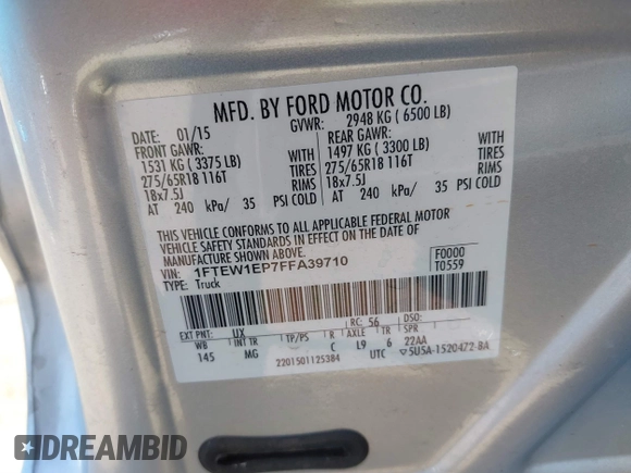 2015 Ford F-150 XLT with VIN 1FTEW1EP7FFA39710, listed as a IAAI auction lot 40438696 with 87,922 mi miles. Bid and sale history available at carsss.com. Image 9.