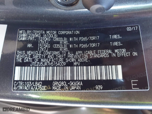 2017 Toyota 4Runner SR5 with VIN JTEZU5JR7H5154009, listed as a IAAI auction lot 41351354 with 127,781 mi miles. Bid and sale history available at carsss.com. Image 9.