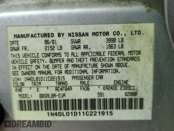 2001 Nissan Altima GXE with VIN 1N4DL01D11C221915, listed as a Copart auction lot 78054504 with 164,116 mi miles and Salvage Title. Bid and sale history available at carsss.com. Image 14.
