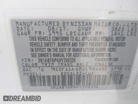 2017 Nissan Sentra S with VIN 3N1AB7AP4HY398336, listed as a IAAI auction lot 41891210 with 99,978 mi miles and . Bid and sale history available at carsss.com. Image 9.
