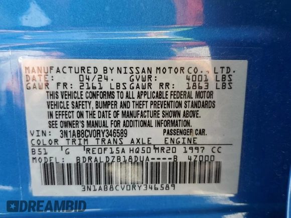 2024 Nissan Sentra SV with VIN 3N1AB8CV0RY346589, listed as a Copart auction lot 54516365 with 28,292 mi miles and Salvage Title. Bid and sale history available at carsss.com. Image 13.