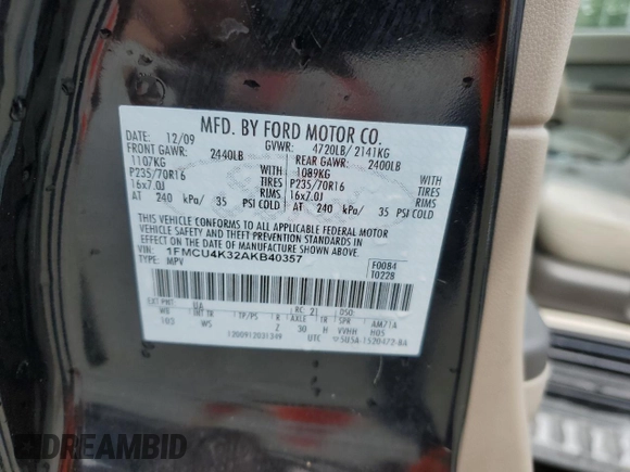 2010 Ford Escape Hybrid with VIN 1FMCU4K32AKB40357, listed as a Copart auction lot 59500025 with 169,955 mi miles and Salvage title. Bid and sale history available at DreamBid. Image 12.