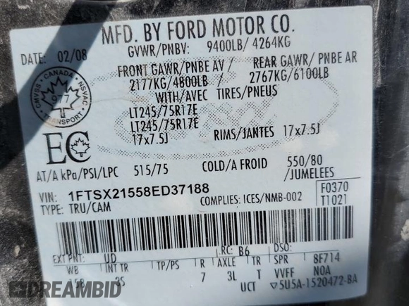 2008 Ford Super Duty F-250 SRW XL with VIN 1FTSX21558ED37188, listed as a Copart auction lot 53233185 with 69,842 mi miles and Salvage Title. Bid and sale history available at carsss.com. Image 12.
