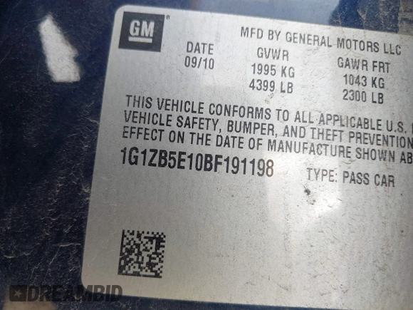 2011 Chevrolet Malibu 1LS with VIN 1G1ZB5E10BF191198, listed as a IAAI auction lot 42024562 with 218,030 mi miles and . Bid and sale history available at DreamBid. Image 9.