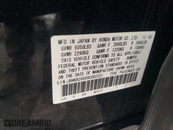 2009 Acura RL Tech Pkg with VIN JH4KB26609C002321, listed as a Copart auction lot 48279945 with 180,995 mi miles and Salvage Title. Bid and sale history available at carsss.com. Image 12.