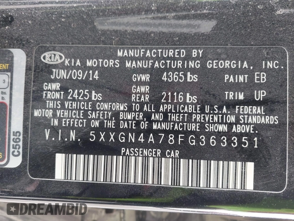 2015 Kia Optima EX with VIN 5XXGN4A78FG363351, listed as a IAAI auction lot 41829791 with 126,501 mi miles. Bid and sale history available at carsss.com. Image 9.