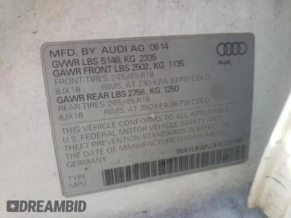2015 Audi allroad Premium Plus with VIN WA1UFAFL0FA038560, listed as a Copart auction lot 82605264 with 128,158 mi miles and Salvage Title. Bid and sale history available at carsss.com. Image 13.