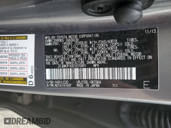 2014 Lexus GX 460 z VIN JTJBM7FX0E5070891, wystawiony jako Copart lot #56062055 z przebiegiem 130 323 mil mil oraz Szkoda całkowita • Salvage title. Historia ofert i sprzedaży dostępna na DreamBid. Obrazek 13.