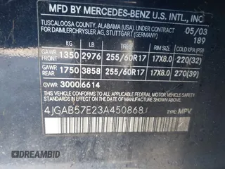 2003 Mercedes-Benz M 3.7L with VIN 4JGAB57E23A450868, listed as a IAAI auction lot 41983681 with 125,468 mi miles. Bid and sale history available at carsss.com. Image 9.