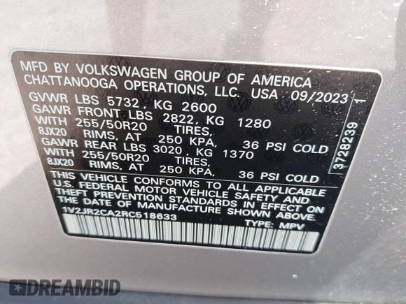 2024 Volkswagen Atlas SE with VIN 1V2JR2CA2RC518633, listed as a IAAI auction lot 41773560 with 22,386 mi miles and . Bid and sale history available at DreamBid. Image 9.