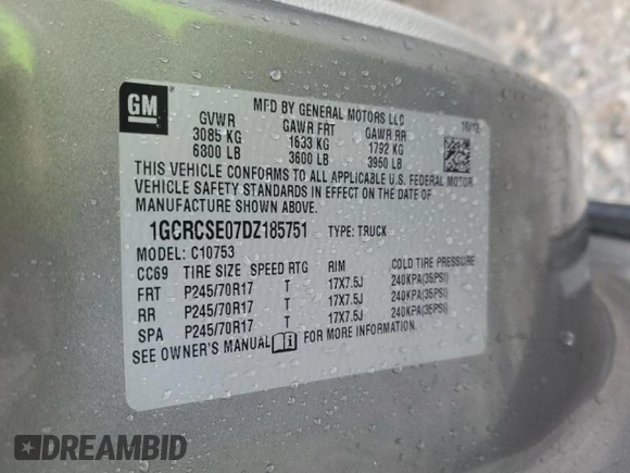 2013 Chevrolet Silverado 1500 LT with VIN 1GCRCSE07DZ185751, listed as a Copart auction lot 48394685 with 197,379 mi miles and Salvage Title. Bid and sale history available at DreamBid. Image 13.