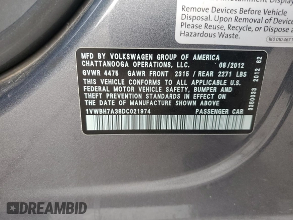 2013 Volkswagen Passat SE z VIN 1VWBH7A38DC021974, wystawiony jako Copart lot #50365355 z przebiegiem 127 888 mil mil oraz Szkoda całkowita • Salvage title. Historia ofert i sprzedaży dostępna na DreamBid. Obrazek 12.