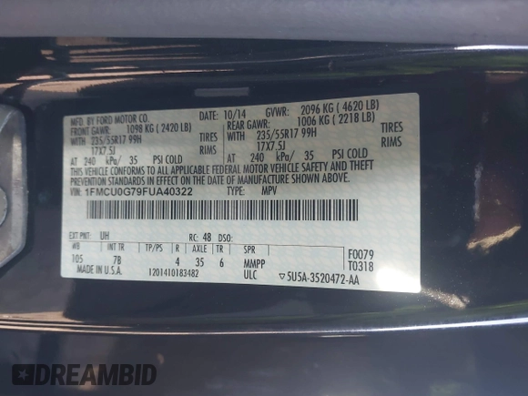 2015 Ford Escape SE with VIN 1FMCU0G79FUA40322, listed as a IAAI auction lot 41791960 with 124,543 mi miles. Bid and sale history available at carsss.com. Image 9.