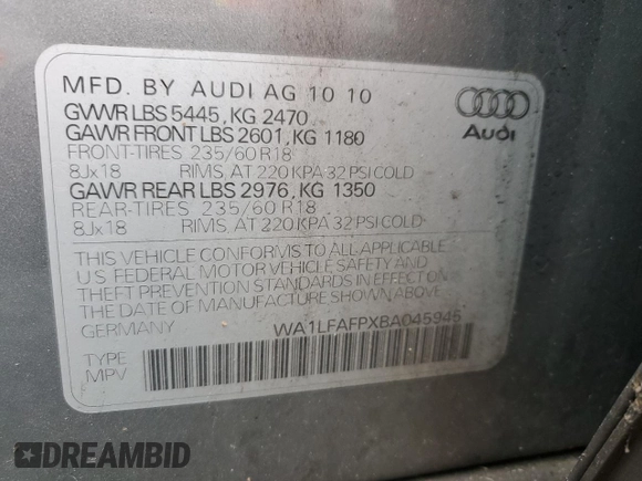 2011 Audi Q5 Premium Plus with VIN WA1LFAFPXBA045945, listed as a Copart auction lot 60817915 with 184,088 mi miles and Salvage title. Bid and sale history available at DreamBid. Image 13.
