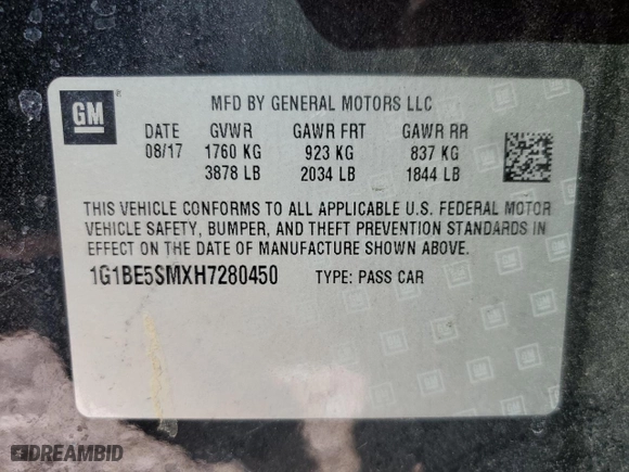 2017 Chevrolet Cruze LT with VIN 1G1BE5SMXH7280450, listed as a Copart auction lot 49457675 with 83,865 mi miles and Salvage Title. Bid and sale history available at carsss.com. Image 12.