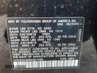 2024 Volkswagen Atlas SE with VIN 1V2LE2CA0RC251335, listed as a Copart auction lot 46680655 with Not provided miles and Salvage title. Bid and sale history available at DreamBid. Image 13.