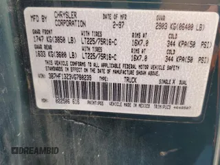1997 Dodge 1500 with VIN 3B7HF13Z3VG780239, listed as a Copart auction lot 51706095 with 264,090 mi miles and Salvage title. Bid and sale history available at DreamBid. Image 14.
