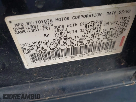 1999 Toyota RAV4 with VIN JT3GP10V6X7061242, listed as a IAAI auction lot 42639695 with 338,937 mi miles and . Bid and sale history available at DreamBid. Image 9.