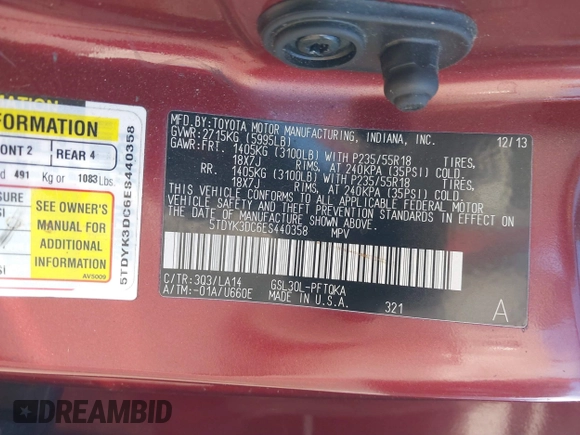 2014 Toyota Sienna XLE z VIN 5TDYK3DC6ES440358, wystawiony jako IAAI lot #40988116 z przebiegiem 87 692 mil mil oraz . Historia ofert i sprzedaży dostępna na DreamBid. Obrazek 9.