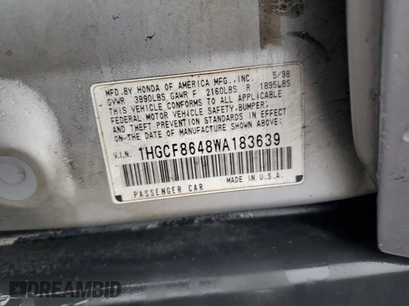 1998 Honda Accord DX z VIN 1HGCF8648WA183639, wystawiony jako Copart lot #49351645 z przebiegiem 89 526 mil mil oraz Nie do naprawy • Non repairable. Historia ofert i sprzedaży dostępna na DreamBid. Obrazek 14.
