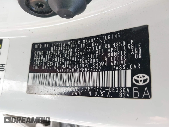 2017 Toyota Corolla L with VIN 5YFBURHE8HP689577, listed as a IAAI auction lot 42601267 with 142,853 mi miles and . Bid and sale history available at DreamBid. Image 9.